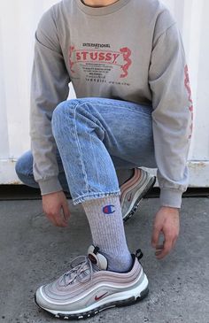 Air Max 97 Outfit Men, Cdg Converse Outfit Men, Airmax Outfit, Cdg Converse Outfit, Nike Airmax 90, Sick Clothes, Outfit Nike, 90s Fashion Grunge