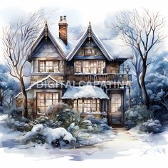 a painting of a house in the winter with snow on the ground and trees around it