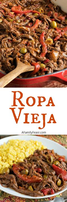 an image of a meal in a pan with rice and meat on the side, and text overlay that reads ropa vieja