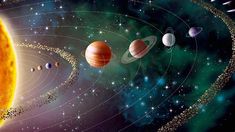 an artist's rendering of the solar system with its eight planets and their satellites