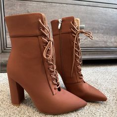 These Stylish Ankle Boots In A Warm Caramel Color Feature A Suede-Like Material, Chunky Heel, And Lace-Up Detail From The Top Of The Foot To The Ankle. Brown Lace Up Boots, Shoes Amazon, Wedge Heel Boots, Amazon Essentials, Caramel Color, Swag Shoes, Style Mistakes, Chunky Heel, Lace Up Boots