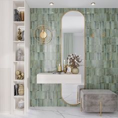 a bathroom with green tiles on the wall and a white sink in front of it