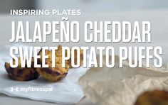 there are two pieces of food sitting on the table with text overlay that reads, jalapeno cheddar sweet potato puffs