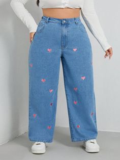 Plus Size Women Heart Print Patch Pocket Wide Leg Loose Casual Jeans Light Wash    Denim  Straight Leg Non-Stretch  Women Plus Clothing, size features are:Bust: ,Length: ,Sleeve Length: Embroidery Heart, Embroidery Hearts, Custom Jeans, Jeans Casual, Girls Prints, Plus Size Jeans, Light Wash Denim, Premium Denim, Casual Jeans