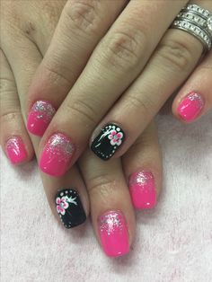 Hot Pink Gel Acrylic Nails, Hot Pink Nails With White Flowers, Hot Pink Nails With Flower Design, Hot Pink With Flower Nails, Hot Pink And Black Prom Nails, Hot Pink Nails With Design, Hot Pink And Black Nails Acrylics