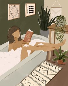 a woman laying in a bathtub with a book and potted plant next to her