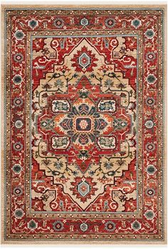 a red and beige rug with an ornate design