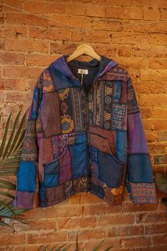 "Stunning patchwork jacket made with 100% recycled cotton outer, and 100% recycled fleece inner. Thick and cozy! Hooded with a zipper and outer pockets. Each is one-of-a-kind and will not be the exact jacket in the photos, but will be very close in color!   Fits XS-XXL Bust- 48\" Waist- 47\" Length - 29\"" Hippie Jacket, Creative Clothes, Festival Pants, Downtown Outfits, Hippie Style Clothing, Patchwork Jacket, Hippie Outfits, Grunge Style, Designer Jeans