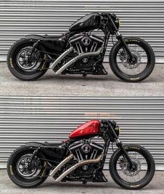 two pictures of a motorcycle parked in front of a garage door, one is red and the other is black