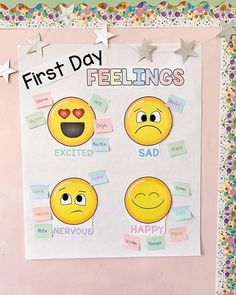 the first day feelings poster is displayed on a bulletin board