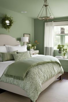 a bedroom with green walls and white bedding in the center, along with a chandelier