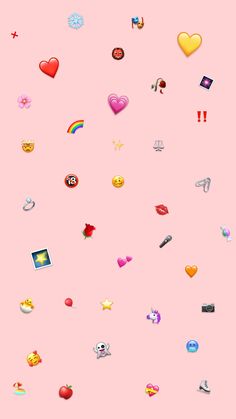 the pink background has many different types of emoticions on it, including hearts and other things