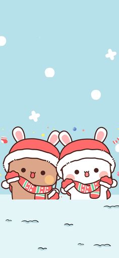 two cartoon animals wearing christmas hats and scarfs in the snow with blue sky behind them