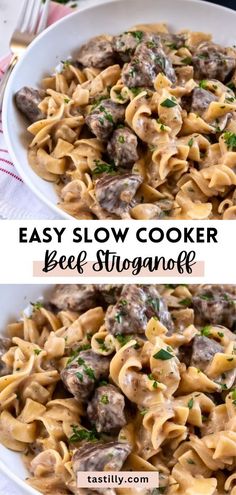 two pictures showing how to make the best slow cooker beef stroganoni