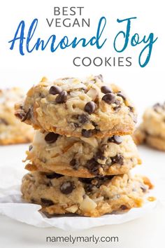 the best vegan almond joy cookies are stacked on top of each other