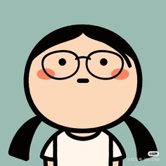 an animated girl with glasses and a white shirt is standing in front of a blue background