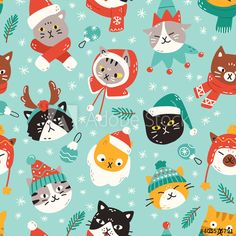 seamless christmas pattern with cats wearing hats and scarves on blue background stock photo