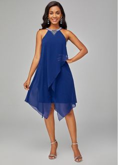 Size:XXL;Color:Royal Blue;Size:XL;Size:L;Size:M;Size:S;Dress Length:Knee Length;Occasion:Other;Neckline:Halter;Package Contents:1 X Dress;Sleeve&apos;s Length:Sleeveless;Style:Elegant;Pattern Type:Solid;Clothing Length:91.50;Washing Instructions:Hand Wash;Composition:95% Polyester, 5% Spandex;Color Scheme:Blue;Silhouette:Straight; Summer Mother Of The Bride Dresses, Royal Blue Cocktail Dress, 50 Dress, Blue Chiffon Dresses, Dress Sleeve Length, Fashion Dresses Online, Mob Dresses, Chiffon Overlay, Blue Cocktail Dress