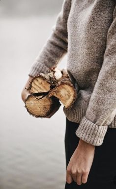 a person holding a piece of wood in their hand next to the water and trees