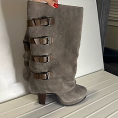 Super Sexy Never Worn Report Boots. Nwot Size 10 Man Made Materials But They Feel Like Suede In A Taupe Color With Brown Faux Leather Straps And Wood Heel Boot Heels, Funky Shoes, Wood Heel, Taupe Color, Heel Boots, High Heel Boots, Shoes Heels Boots, Pretty Dresses, Me Too Shoes