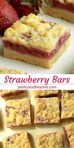 strawberry bars are cut into squares and placed on top of each other