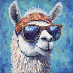 a painting of an alpaca wearing sunglasses and a bandanna on its head