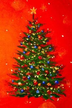 a painting of a christmas tree on a red background