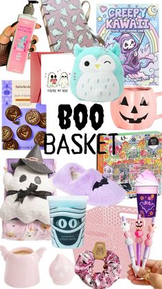 a collage of halloween themed items and the words boo basket