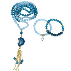 Enjoy this hand-knotted mala necklace made with blue apatite & aquamarine gemstones and a natural stone pendant.Blue apatite facilitates public speaking, enhances group communication, opens the throat chakra and heals the heart & emotional disease. Aquamarine is a stone of courage. Its calming energies reduce stress and quiet the mind. It harmonizes its surroundings and protects against pollutants. It clears blocked communication and promotes self-expression. A wonderful stone for mediation. Com Blue Beaded Necklaces With Natural Stones For Healing, Blue Crystal Gemstone Beads Necklace For Healing, Spiritual Blue Beaded Necklaces For Healing, Blue Crystal Necklaces With Gemstone Beads For Healing, Blue Crystal Necklace With Gemstone Beads For Healing, Healing Blue Gemstone Beads Jewelry, Blue Gemstone Beads Crystal Necklace For Healing, Blue Gemstone Beads Necklace In Mineral Crystal, Blue Hand Knotted Jewelry For Gift