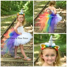 Bright Unicorn Tutu Dress This stunning bustle tutu dress is perfect for birthday parties, gifts, Halloween costumes, and dress up! It features bright rainbow colors throughout the mane and tail, and white (or your choice of color) in the front. The top is an unlined crochet tube top to match the front tutu color, which is 8 inches long. The bustle features a mane that goes up the back of the top. Rainbow unicorn horn headband is optional in the drop down menu. Sizes and Lengths: (Bustle will be Kids Unicorn Costume, Unicorn Tutu Dress, Unicorn Costume Kids, Costume Unicorn, Unicorn Horn Headband, Unicorn Birthday Outfit, Pony Birthday Party, Kids Tutu, Dress For Kids