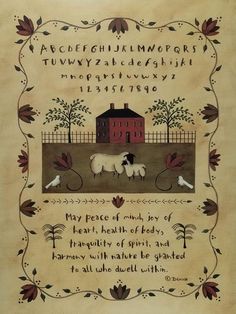 a cross stitch pattern with sheep and house