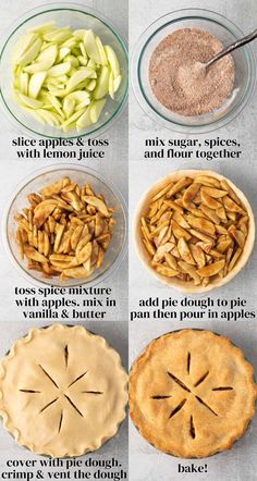 the steps to making pie crusts are shown in different bowls and on top of each other