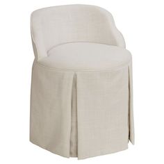 a white chair with a pleaed skirt on the back and seat cover over it