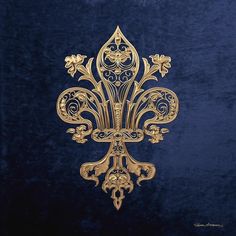 a blue velvet background with gold fleur de lis on the front and back