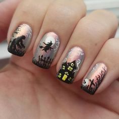 Halloween Nails Haunted House, Graveyard Nails Halloween, Graveyard Nail Art, Haunted House Nail Art, Zombie Nails Halloween, Haunted House Nails, Witch Halloween Nails, Witch Nails Designs, Graveyard Nails