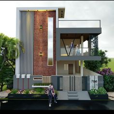 an artist's rendering of a modern house with people walking in the front yard