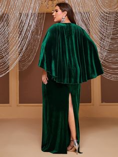 Color: Dark GreenLength: LongFit Type: Regular FitFabric: Slight StretchMaterial: FabricComposition: 95% Polyester, 5% ElastaneCare Instructions: Hand wash,do not dry cleanSheer: No Green Cape Dress For Party, Elegant Winter Cape Dress, Elegant Maxi-length Party Cape, Elegant Maxi Length Party Cape, Elegant Cape For Fall Party, Elegant Fall Cape For Party, Elegant Fall Party Cape, Evening Dresses Casual, Affordable Formal Dresses