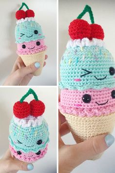 crocheted ice cream cupcake with a cherry on top and two other pictures