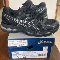 New, Still In Box, Women’s Kayano 21 Size 6 Onyx Black Silver Tennis Shoes. Black Running Shoes With Gel Cushioning For Streetwear, Casual Asics Sneakers With Ortholite Insole, Asics Black Casual Sneakers, Casual Black Asics Sneakers, Black Casual Sneakers With Gel Cushioning, Casual Black Running Shoes With Gel Cushioning, Asics Black Lace-up Sneakers, Black Asics Lace-up Running Shoes, Asics Black Lace-up Running Shoes