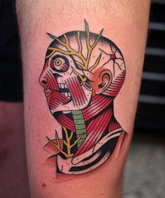 a man's leg with a tattoo on it that has an image of a human head