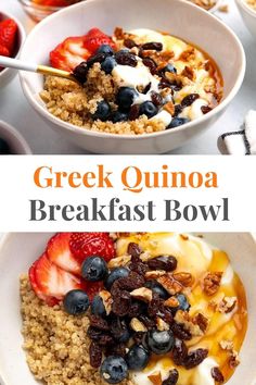 greek quinoa breakfast bowl with berries and yogurt