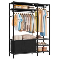 an iron rack with clothes and shoes on it