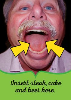 an older man making funny faces with his tongue out and two yellow arrows pointing at him