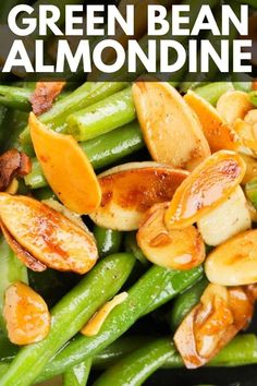 green bean and almond salad with text overlay