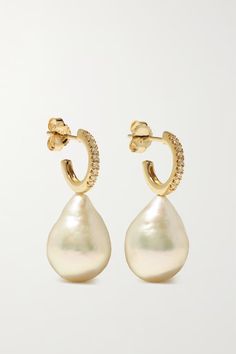 Gold 14-karat gold, pearl and diamond hoop earrings | MIZUKI | NET-A-PORTER Luxury Teardrop Pearl Drop Earrings, Teardrop Pearl Earrings Fine Jewelry, Teardrop Diamond Pearl Earrings For Pierced Ears, Fine Jewelry Teardrop Earrings With Pearl Charm, Diamond Teardrop Earrings With Pearl Drop, Gold Diamond Hoop Earrings, Pearl And Diamond Earrings, Gold Pearl Earrings, Pearl Hoop Earrings