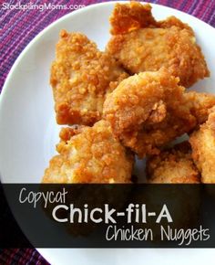 chicken nuggets on a white plate with the words copycat chick - fil - a written below