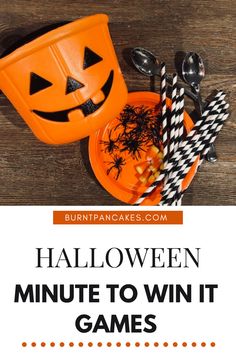 an orange bowl with black and white striped paper straws in it is next to a halloween themed cup that says, halloween minute to win it games