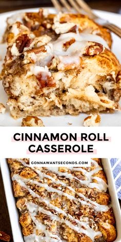 cinnamon roll casserole with white icing on top