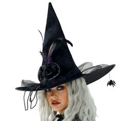 PRICES MAY VARY. WHAT YOU GET: 1 Piece of Black Witch Hat, 2 Pieces of Black Pins, 1 Piece of Detachable Spider. SIZE: The Halloween Hat's Height is Approx. 17.7 Inch(45cm),Outer Diameter is 17 Inch(43cm), Internal Diameter is 7.5 Inch(19cm), Fit for Most and Lightweight. SPECIAL DESIGN: The Classic Black Witch Hat With Black Flower, Purple and Black Feather and Black Tulle Make Your Hat More Psychedelic, Mysterious and Dramatic, Catching the Eyes of Others and Enhancing the Festive Atmosphere C Velvet Witch Hat, Spider Halloween Costume, Christmas Masquerade, Witch Hats Costume, Witch Headband, Black Witch Hat, Witch Halloween Costume, Halloween Witch Hat, Witchy Crafts