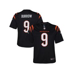 Let your youngster show off his team spirit with this Cincinnati Bengals Joe Burrow Game jersey from Nike!Let your youngster show off his team spirit with this Cincinnati Bengals Joe Burrow Game jersey from Nike!PRODUCT FEATURESShort sleeveMachine wash with garment inside out, tumble dry lowImportedJersey Color Style: TeamDri-FIT technology wicks away moistureOfficially licensedNike GameScreen print name, numbers and team detailsSide splits at hemSatin woven jock tagShort sleeveLoose fitMaterial Nike Team Spirit Jersey With Team Logo, Nike Football Season Jersey With Team Name, Nike Jersey With Team Name For Football Season, Nike Jersey With Team Name For Fans, Nike Black Top For Game Day, Nike Black Tops For Game Day, Nike Sports Season Jersey For Fans, Nike Sports Fan Jersey, Nike Sports Jersey For Sports Season